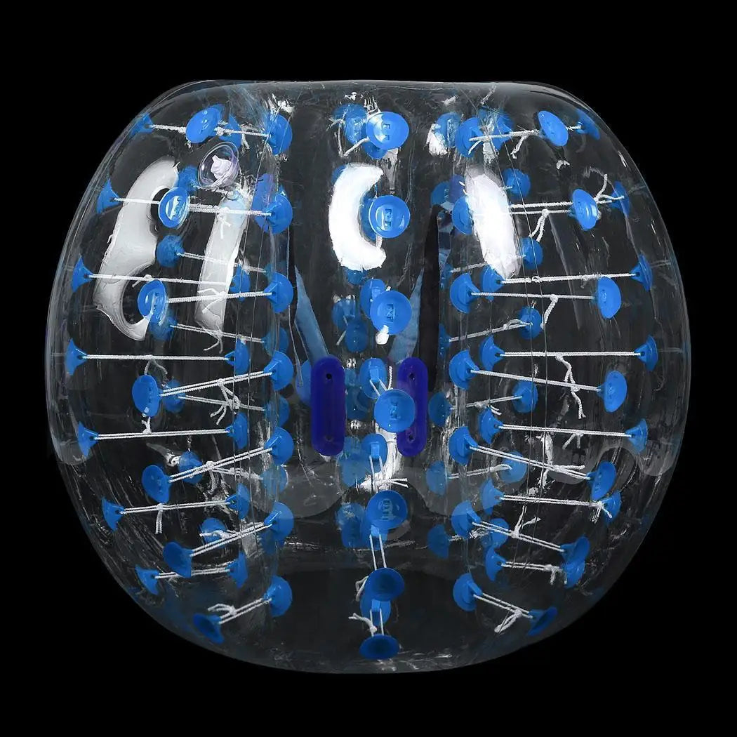 Clear TPU inflatable bumper ball with blue plastic connectors and white cords for outdoor play.