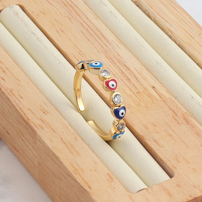 Adjustable Ring with Blue Evil Eye Open Copper Gold Tone Zircon Accent
