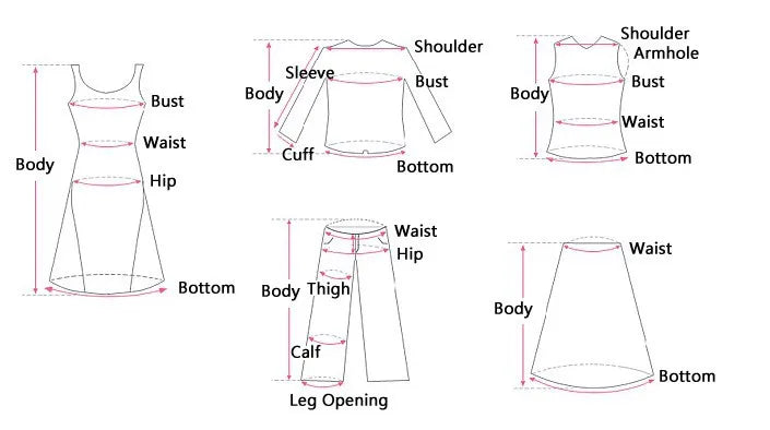 Black line art diagram showing measurement points for a fitted knit dress and other clothing for everyday casual wear.