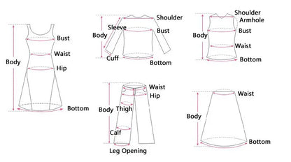 Black line art diagram showing measurement points for a fitted knit dress and other clothing for everyday casual wear.