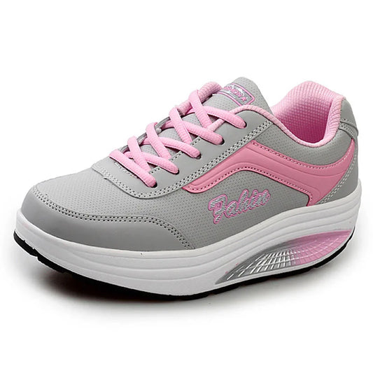 Womens grey and pink lace-up rocker platform sneaker with cushioned sole