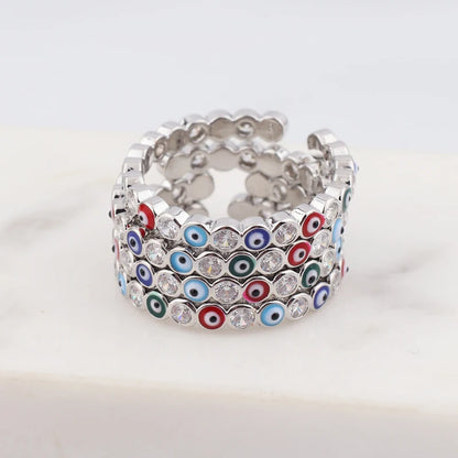 Adjustable Ring with Blue Evil Eye Open Copper Gold Tone Zircon Accent