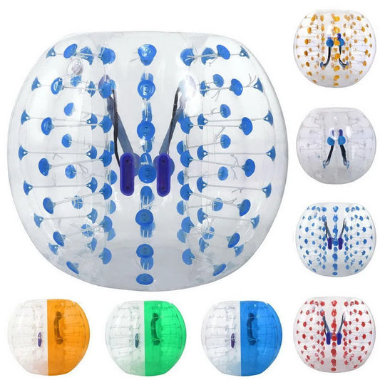 Clear TPU bubble body bumper ball with blue interior straps and hardware for safe outdoor sports and recreation games.