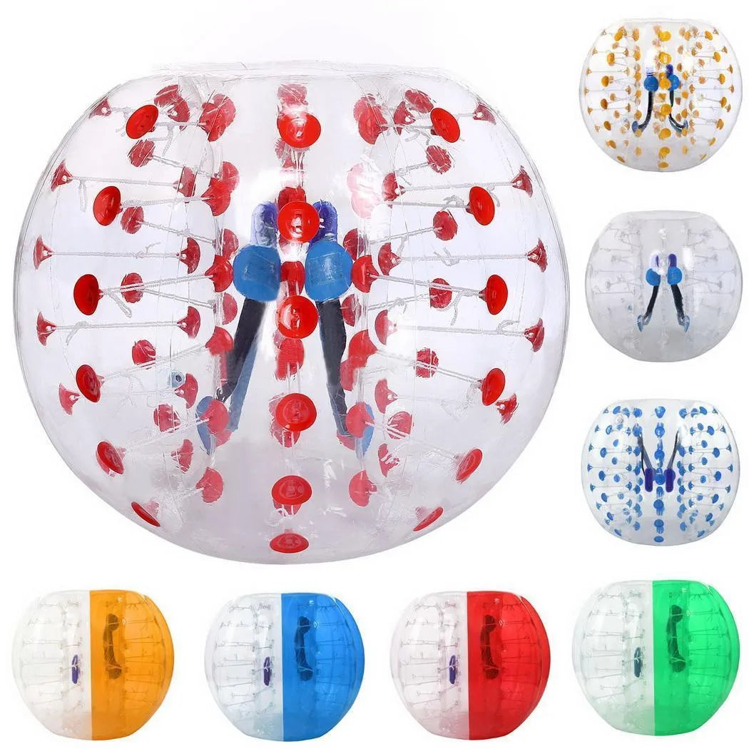 Clear TPU inflatable body bumper ball with red circular accents for outdoor sports and family activities.