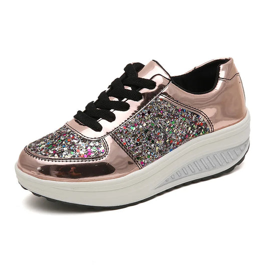 Women's Sequins Fashion Trendy Casual Shoes Thick Bottom Increase Anti-slip Ladies Muffin Shoes Breathable Women's Walking Shoes