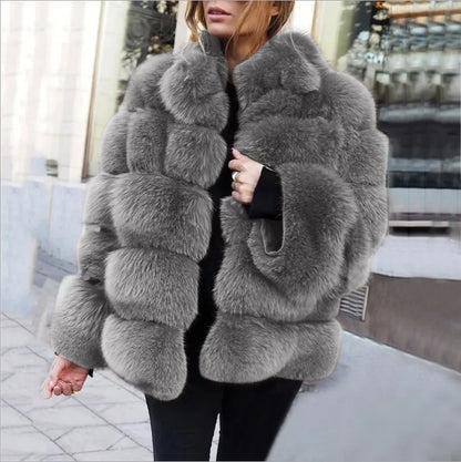 Luxe Women Custom Winter Eco Recycle Sustainable Artificial Faux Mink Fox Fur Stand Collar European Style Coat With Fur