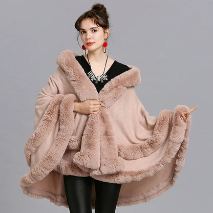 7 Women 2 Circle Fur Poncho Shawl Cloak With Hat Faux Fur Cape Big Pendulum Dovetail Cardigan Winter Warm Thick Loose Overcoat