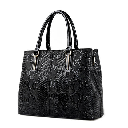 Black snakeskin textured faux leather structured shoulder tote for daily work essentials.