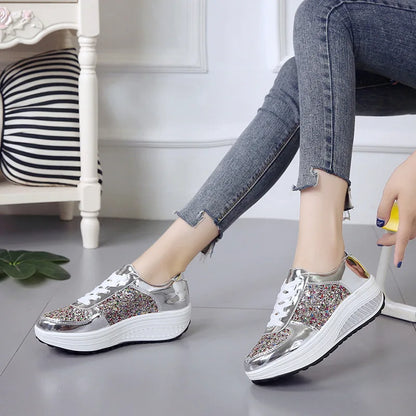 Women's Sequins Fashion Trendy Casual Shoes Thick Bottom Increase Anti-slip Ladies Muffin Shoes Breathable Women's Walking Shoes
