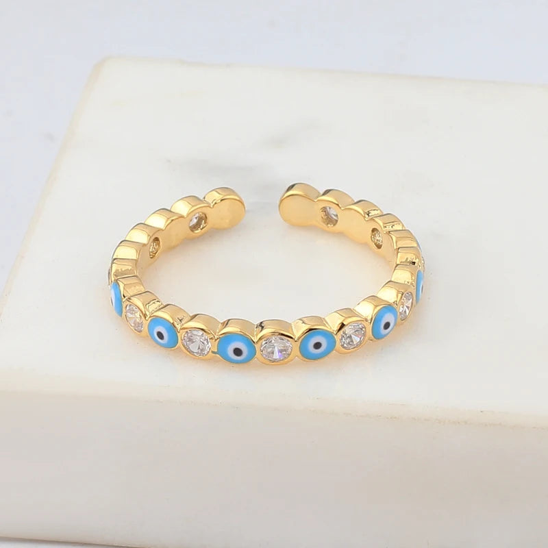 Adjustable Ring with Blue Evil Eye Open Copper Gold Tone Zircon Accent