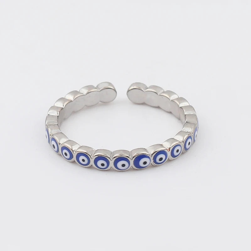 Adjustable Ring with Blue Evil Eye Open Copper Gold Tone Zircon Accent