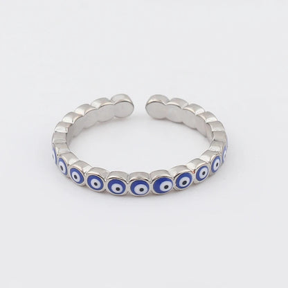 Adjustable Ring with Blue Evil Eye Open Copper Gold Tone Zircon Accent