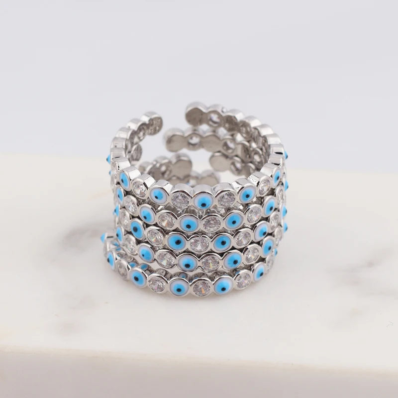 Adjustable Ring with Blue Evil Eye Open Copper Gold Tone Zircon Accent