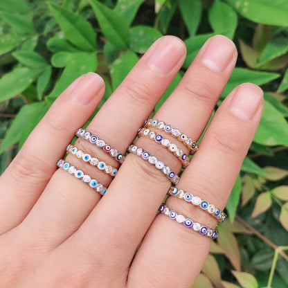 Adjustable Ring with Blue Evil Eye Open Copper Gold Tone Zircon Accent