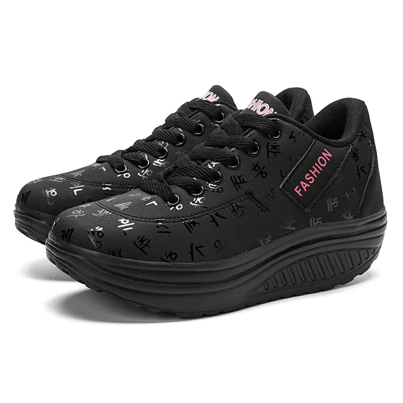 Women's lace-up wedge platform sneakers with rocker sole