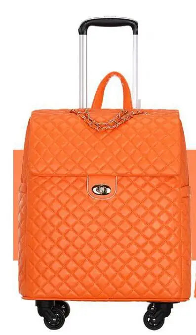 Orange quilted PU leather wheeled cabin trolley with retractable handle and twist-lock clasp.