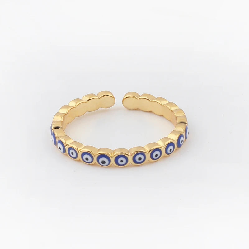Adjustable Ring with Blue Evil Eye Open Copper Gold Tone Zircon Accent