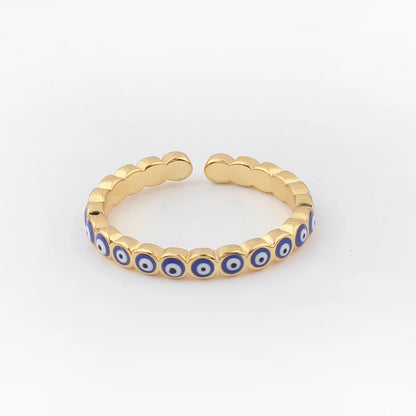 Adjustable Ring with Blue Evil Eye Open Copper Gold Tone Zircon Accent