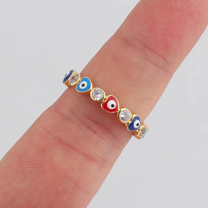 Adjustable Ring with Blue Evil Eye Open Copper Gold Tone Zircon Accent