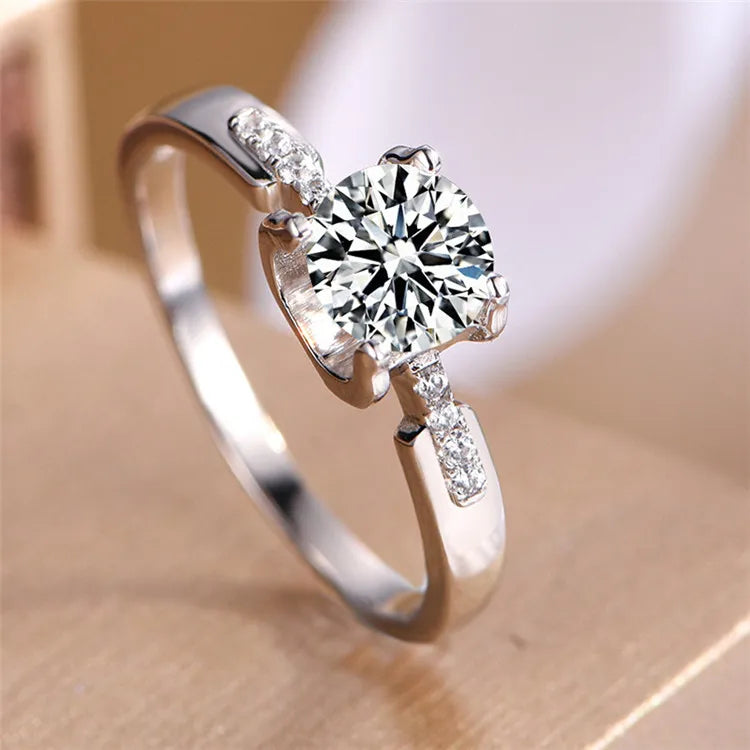 Brilliant Ring with Cubic Zirconia 6.5mm Stone Silver Plated Band