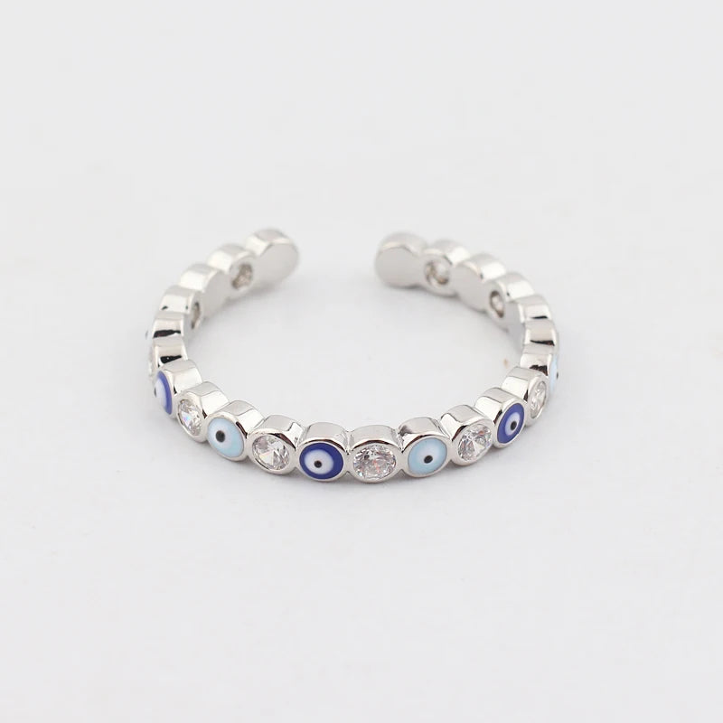 Adjustable Ring with Blue Evil Eye Open Copper Gold Tone Zircon Accent