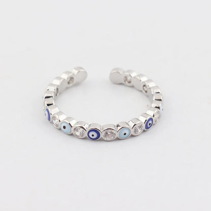 Adjustable Ring with Blue Evil Eye Open Copper Gold Tone Zircon Accent
