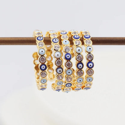 Adjustable Ring with Blue Evil Eye Open Copper Gold Tone Zircon Accent