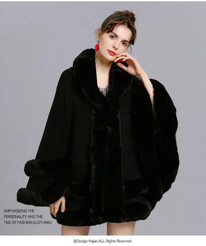 7 Women 2 Circle Fur Poncho Shawl Cloak With Hat Faux Fur Cape Big Pendulum Dovetail Cardigan Winter Warm Thick Loose Overcoat