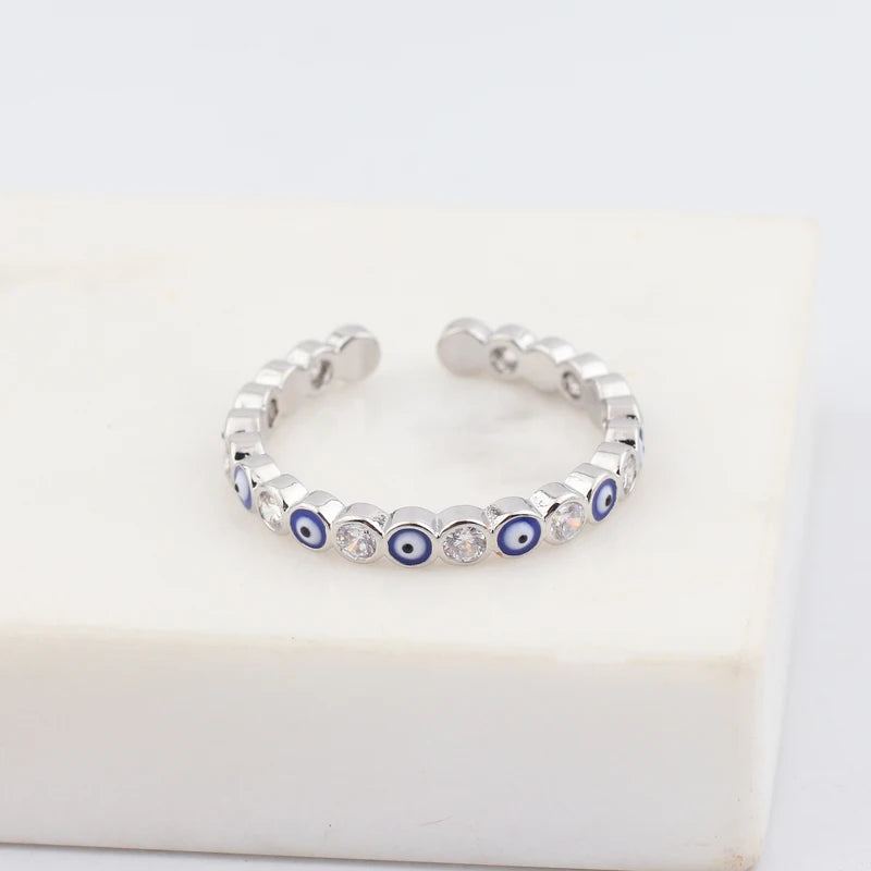 Adjustable Ring with Blue Evil Eye Open Copper Gold Tone Zircon Accent
