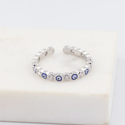 Adjustable Ring with Blue Evil Eye Open Copper Gold Tone Zircon Accent