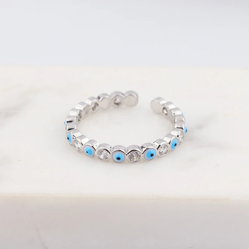 Adjustable Ring with Blue Evil Eye Open Copper Gold Tone Zircon Accent