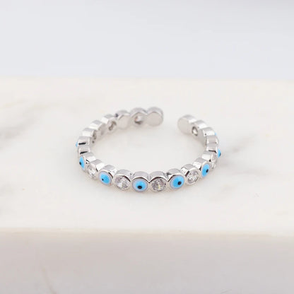 Adjustable Ring with Blue Evil Eye Open Copper Gold Tone Zircon Accent