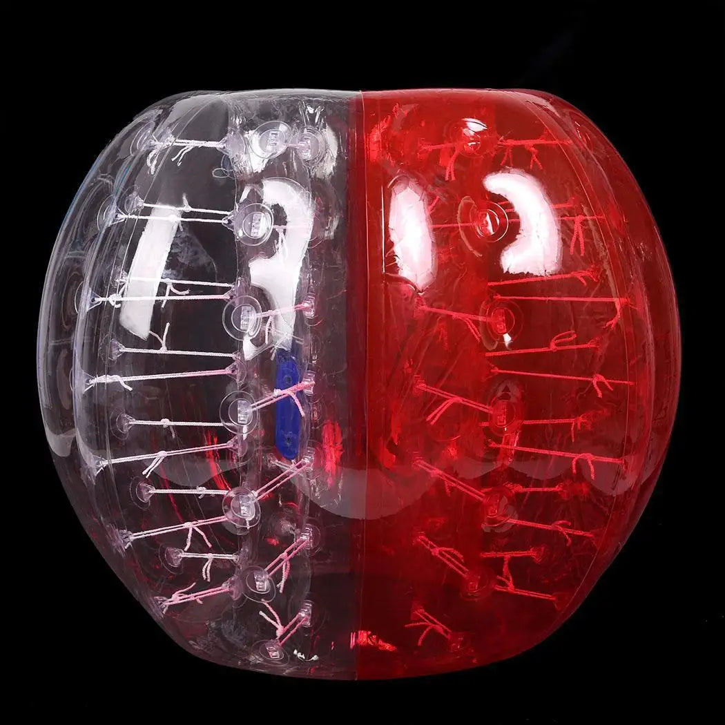 Clear and red TPU inflatable bumper ball with internal straps for outdoor sports games.