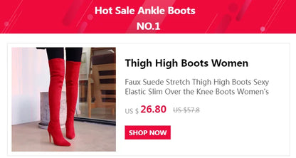 Red faux suede thigh-high boots with slim heels.