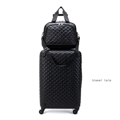 Black quilted faux leather spinner suitcase set with a matching travel bag on top.