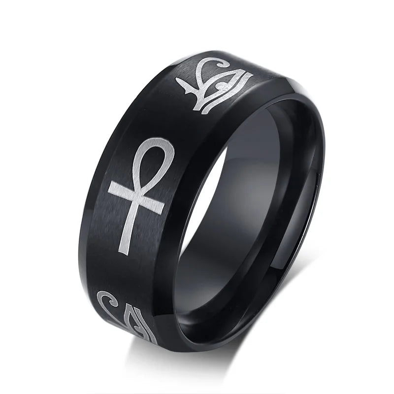 Bold Ring for Men with Stainless Steel Horus Cross Rhodium Plated 8mm
