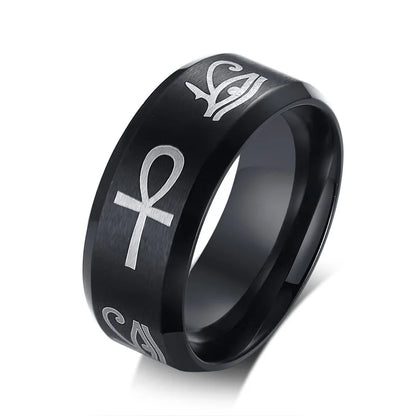 Bold Ring for Men with Stainless Steel Horus Cross Rhodium Plated 8mm