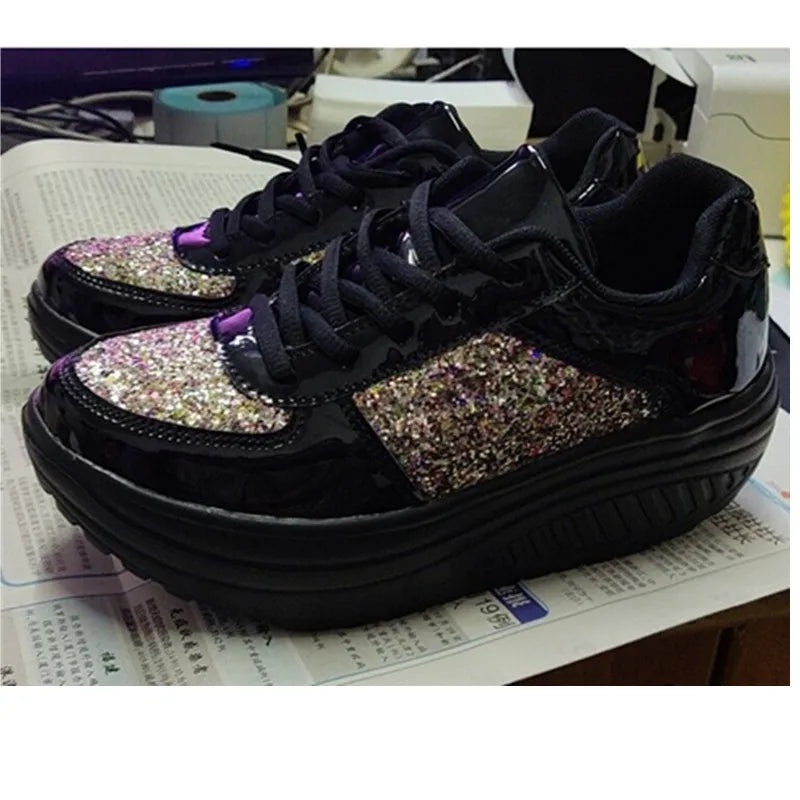 Women's Sequins Fashion Trendy Casual Shoes Thick Bottom Increase Anti-slip Ladies Muffin Shoes Breathable Women's Walking Shoes