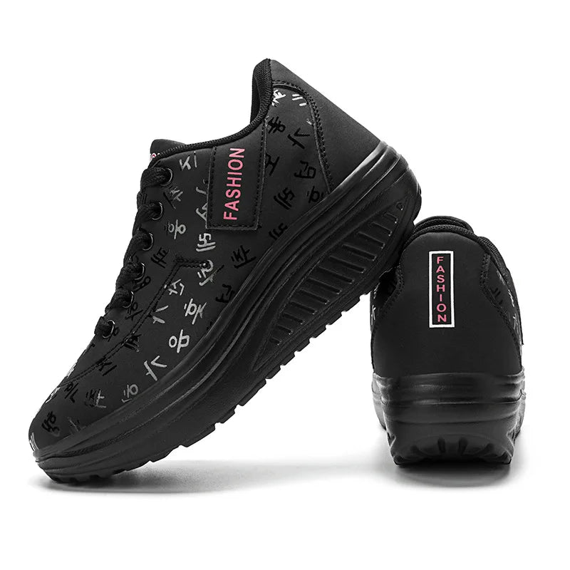 Women's lace-up wedge platform sneakers with rocker sole