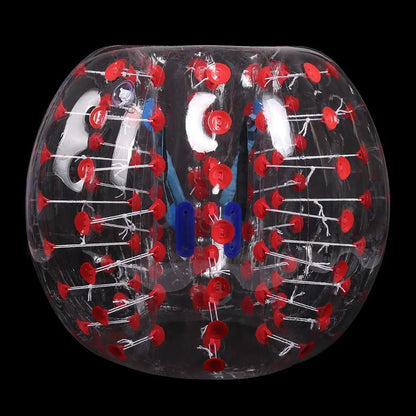 Clear TPU bubble body bumper ball with red fasteners and straps for safe outdoor sports and recreation activities.