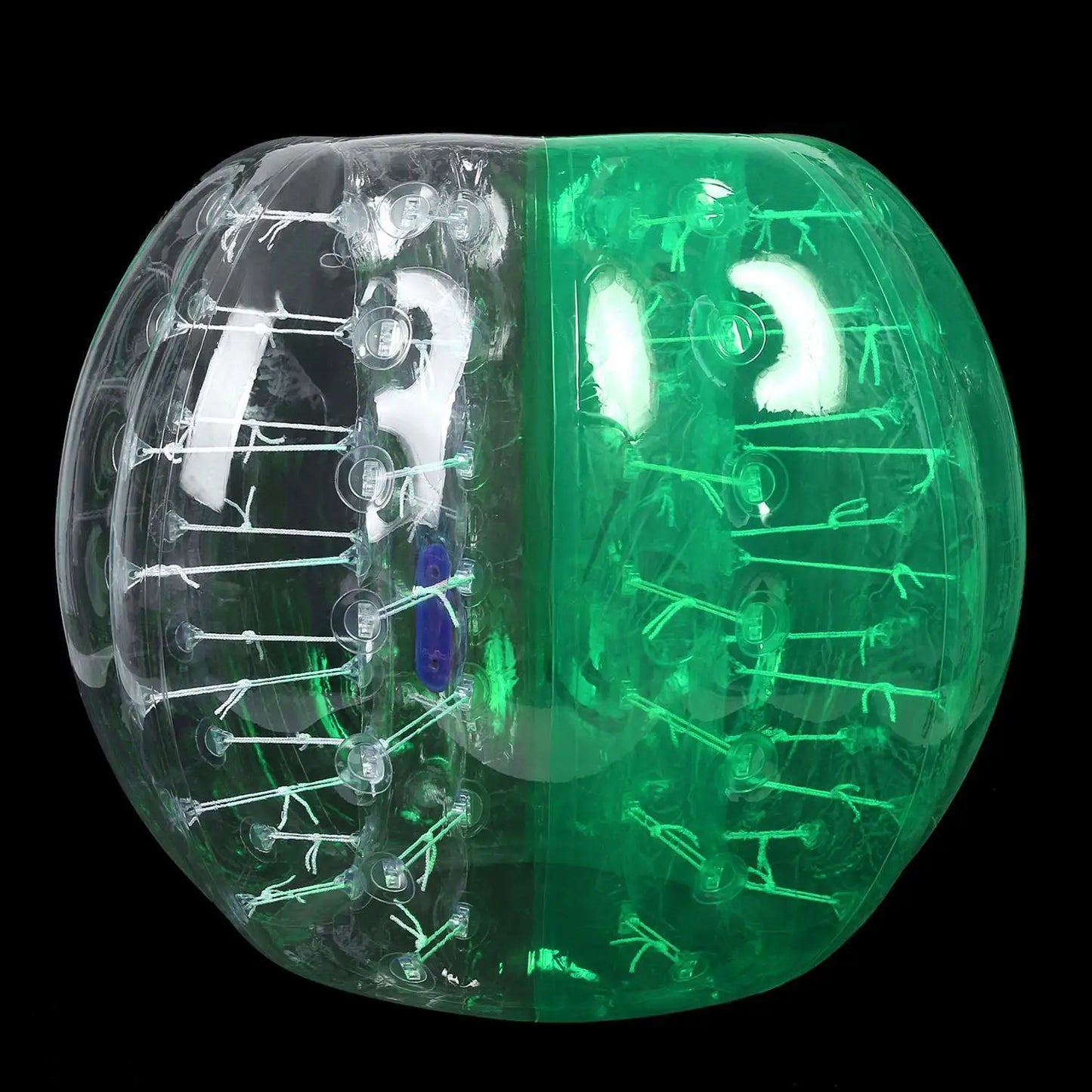 Clear and green TPU inflatable body bumper ball with internal straps for outdoor sports and recreational activities.