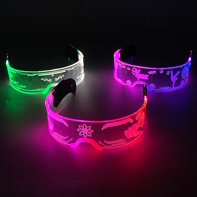 LED festival glasses with crystal bead illumination and glowing futuristic visors