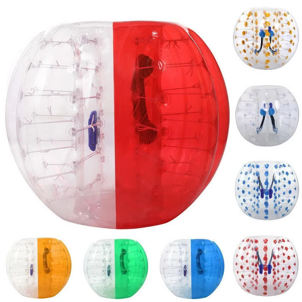 Clear and colored TPU inflatable body bumper ball with internal safety handles for outdoor sports and active family games.