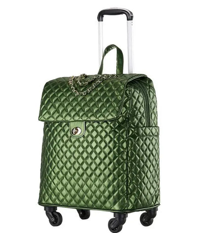 Green quilted PU leather rolling luggage with gold chain detail, top handle, and extendable trolley handle.