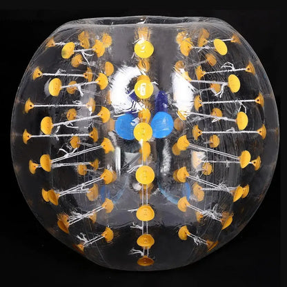 Clear TPU bubble body bumper ball with yellow internal fasteners for outdoor sports activities.