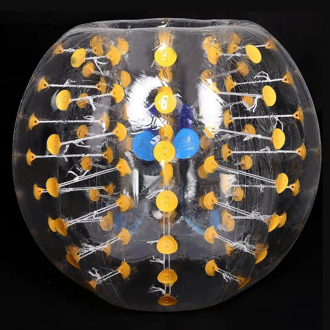Clear TPU inflatable bumper ball with yellow internal bracing discs and blue handle straps for outdoor sports activities.