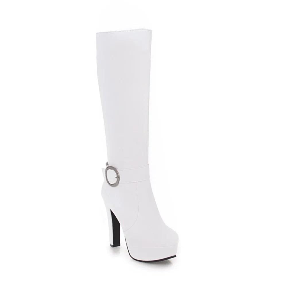 White faux leather knee-high boot with a platform sole, high heel, and a side buckle strap detail.