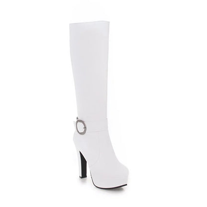 White faux leather knee-high boot with a platform sole, high heel, and a side buckle strap detail.