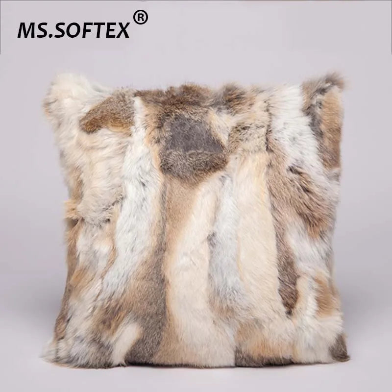 MS.Softex Natural Fur Pillow Case Patchwork Real Rabbit Fur Pillow Cover Soft Plush Cushion Cover Home Decoration
