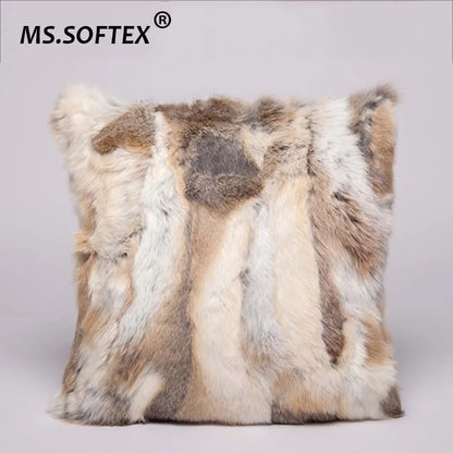 MS.Softex Natural Fur Pillow Case Patchwork Real Rabbit Fur Pillow Cover Soft Plush Cushion Cover Home Decoration